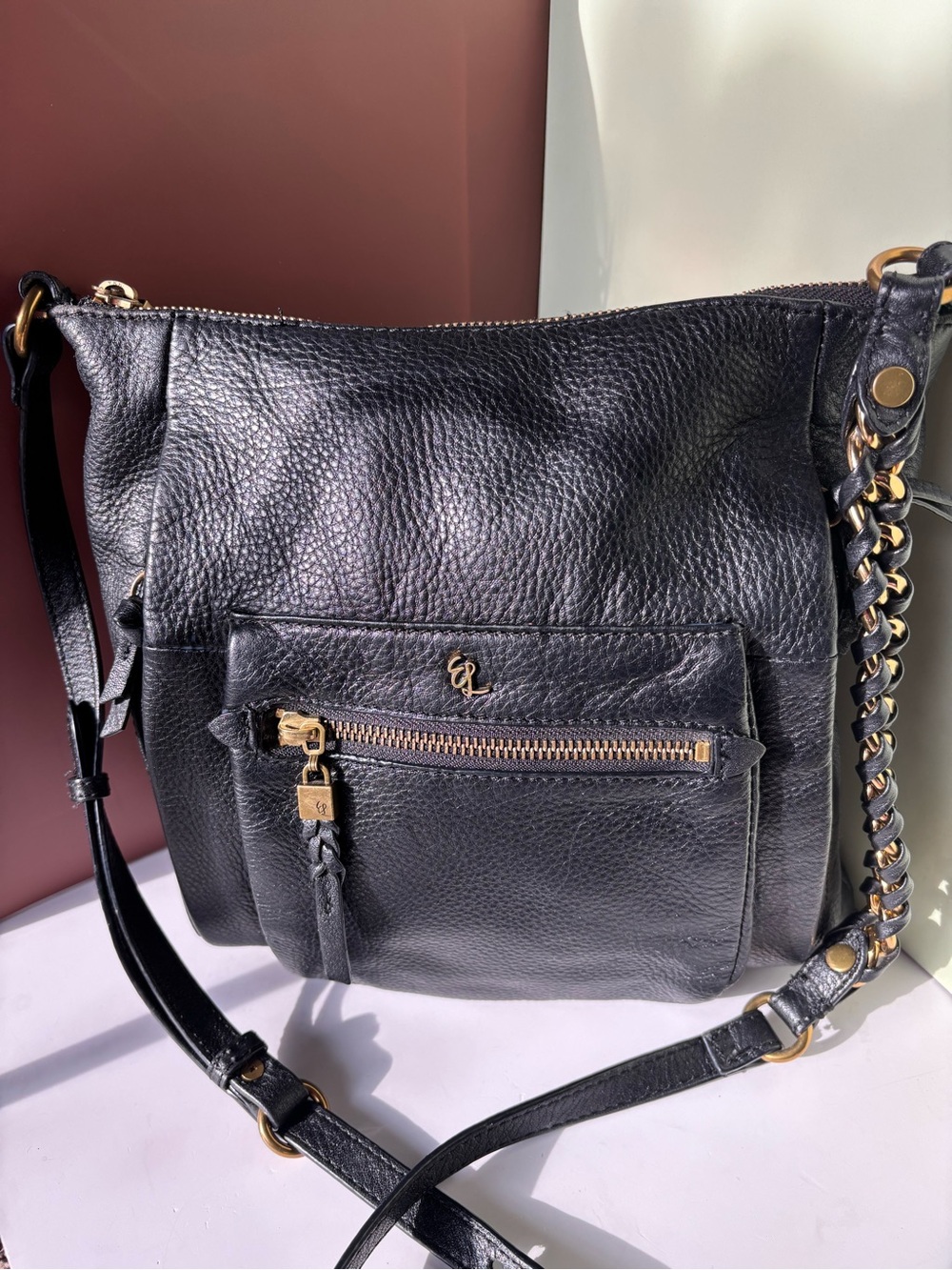 ELLIOTT LUCA Black Leather Crossbody Bag with Gold Hardware